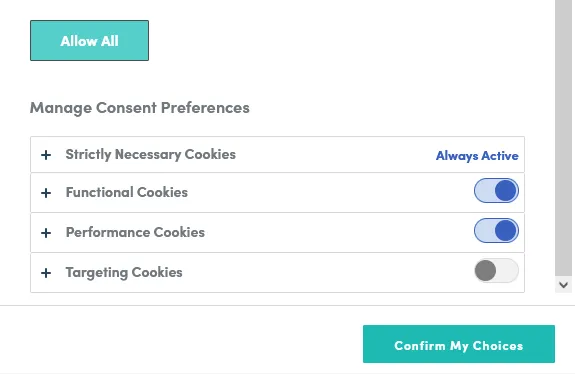 A consent preference panel where Functional Cookies and Performance Cookies are already toggled on before any choice is made, with Strictly Necessary marked Always Active and only Targeting Cookies left off