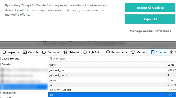 A cookie banner with Accept All Cookies, Reject All and Manage Cookie Preferences, shown above browser devtools storage where _ga and other analytics cookies are already set before any choice