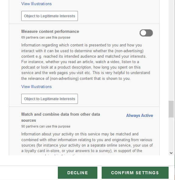A vendor consent panel where Measure content performance can be objected to, but Match and combine data from other data sources is marked Always Active under legitimate interest, with 90 partners using it