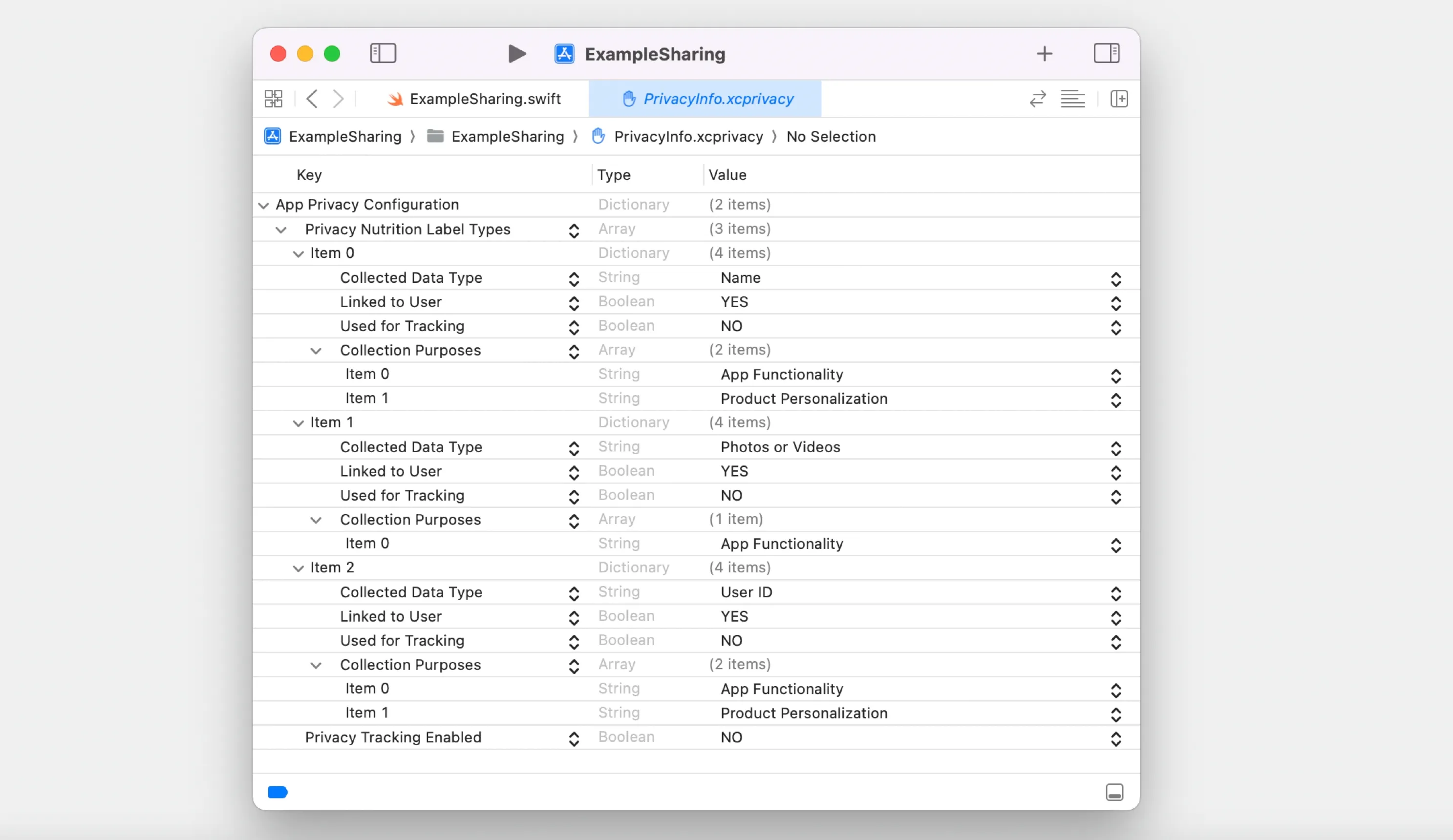 PrivacyInfo.xcprivacy open in Xcode: under App Privacy Configuration, Privacy Nutrition Label Types lists Name, Photos or Videos and User ID, each with Linked to User, Used for Tracking and Collection Purposes