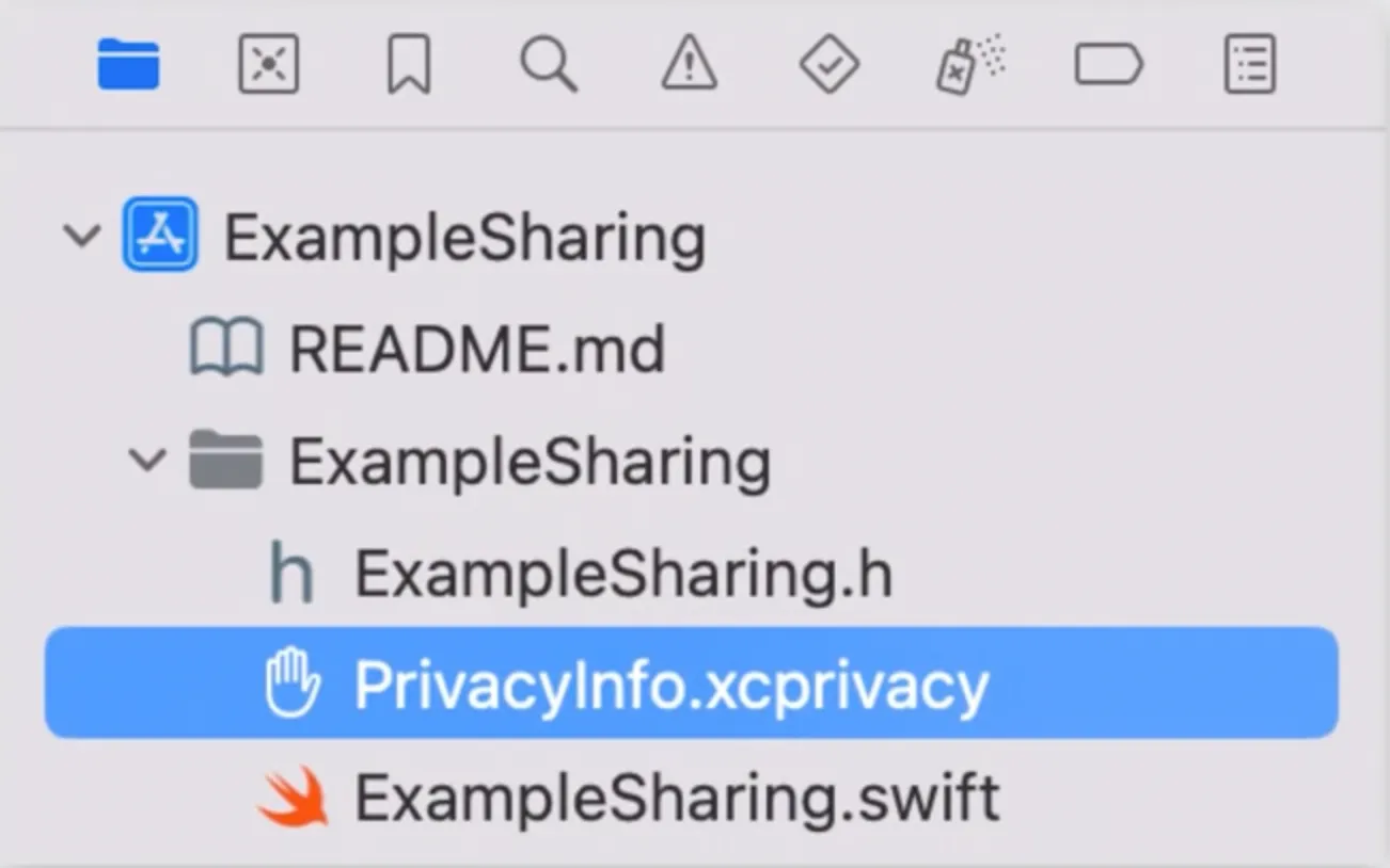 The ExampleSharing group in Xcode's project navigator, with the newly created PrivacyInfo.xcprivacy file selected