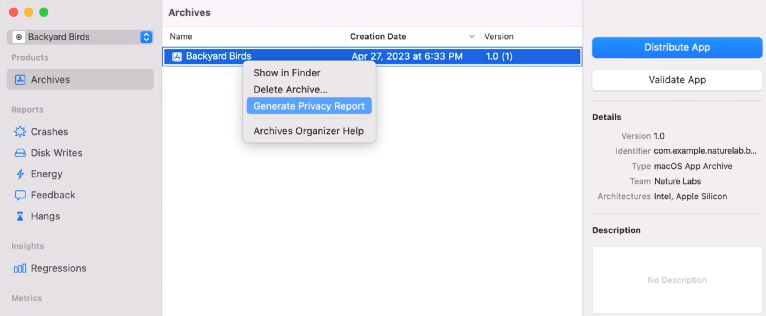 Xcode's Archives organizer with an archive right-clicked and Generate Privacy Report highlighted in the context menu