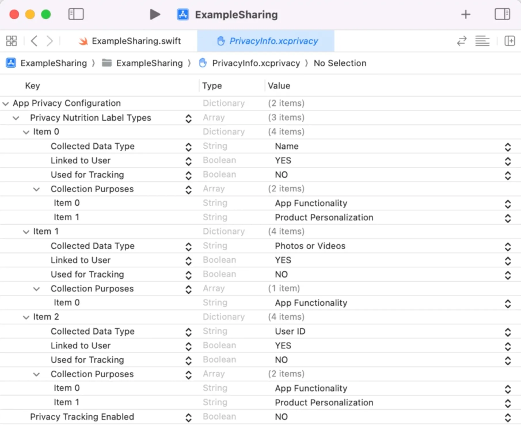 Apple's example privacy manifest, listing Name, Photos or Videos and User ID by collected data type, each marked for whether it is linked to the user, used for tracking, and why it is collected