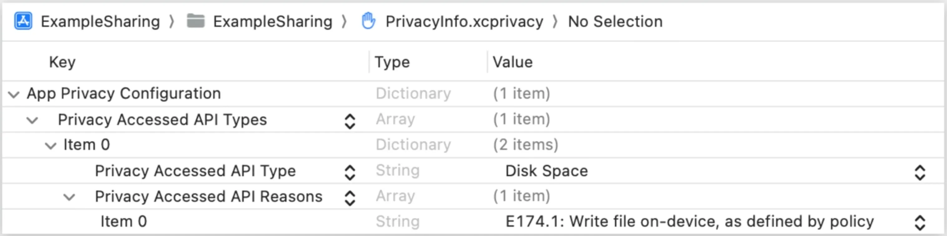 Privacy Accessed API Types in a privacy manifest: API type Disk Space with reason E174.1, write file on-device as defined by policy
